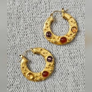 Vintage MMA 18k Gold Plated Cypriot Cabochon Hoop Earrings Met Museum Of Art